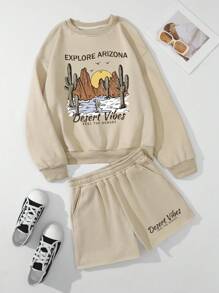 SHEIN EZwear 仙人掌和標語圖案加絨內裏運動衫&運動短褲 - 杏色 - 查看 1