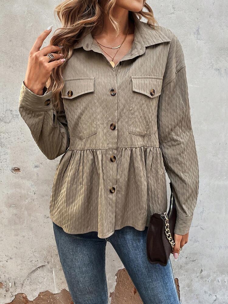 Flap Pocket Drop Shoulder Peplum Jacket Fall Cloth For Women