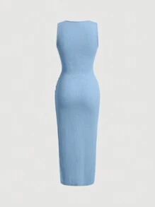 SHEIN MOD Solid Ruched Side Split Thigh Dress - Blue - View 2