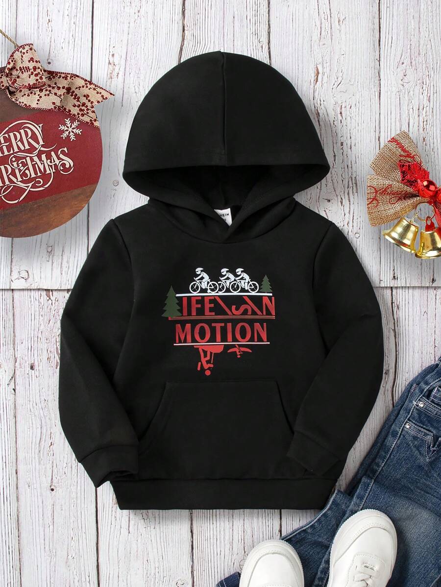 男童字母和数字图案袋鼠口袋卫衣 - 黑色 - 查看 1