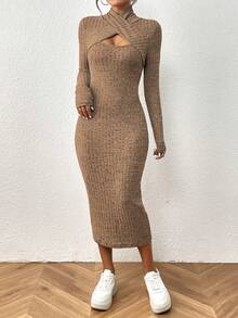 SHEIN Unity Criss Cross Cut Out Front Bodycon Dress - Khaki - View 5