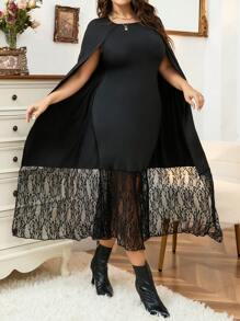Calvaya Plus Contrast Lace Cloak Sleeve Dress - Black - View 1