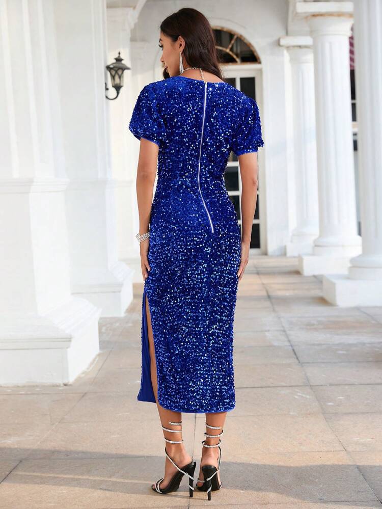 V-neck Sequin Puff Sleeve Dress
