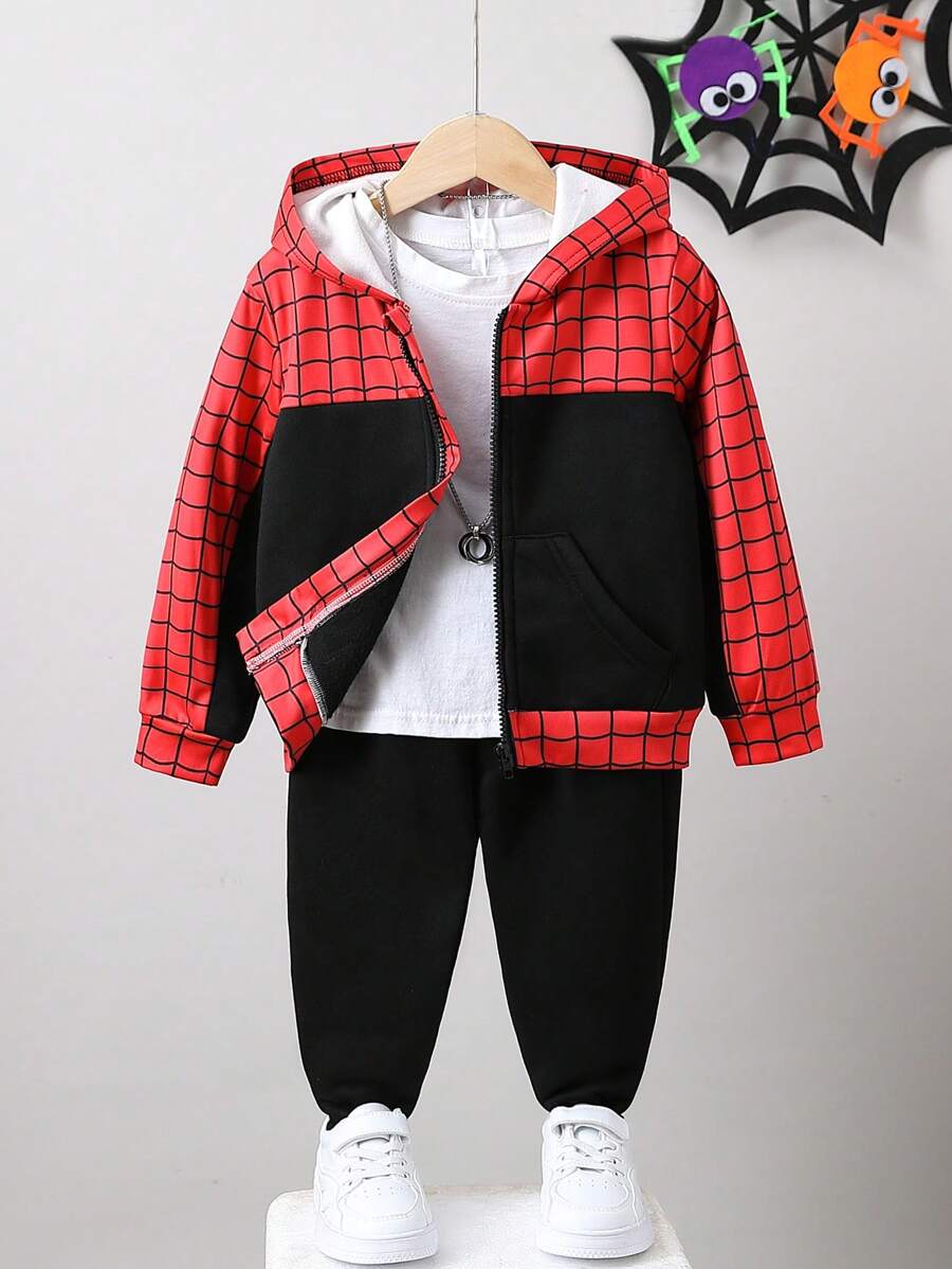 Young Boy Plaid Print Zip Up Hooded Jacket & Sweatpants Without Tee