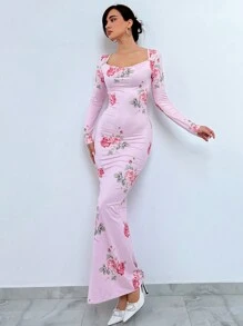 Aloruh In hoa Cổ Trái tim Nàng tiên cá Hem Váy bodycon - Hồng - Xem 1