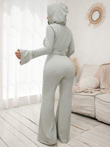 SHEIN SXY Solid Hooded Tee & Flare Leg Pants - Grey - View 2