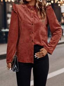 SHEIN Clasi Frill Neck Ruffle Trim Button Front Blouse - Redwood - View 3