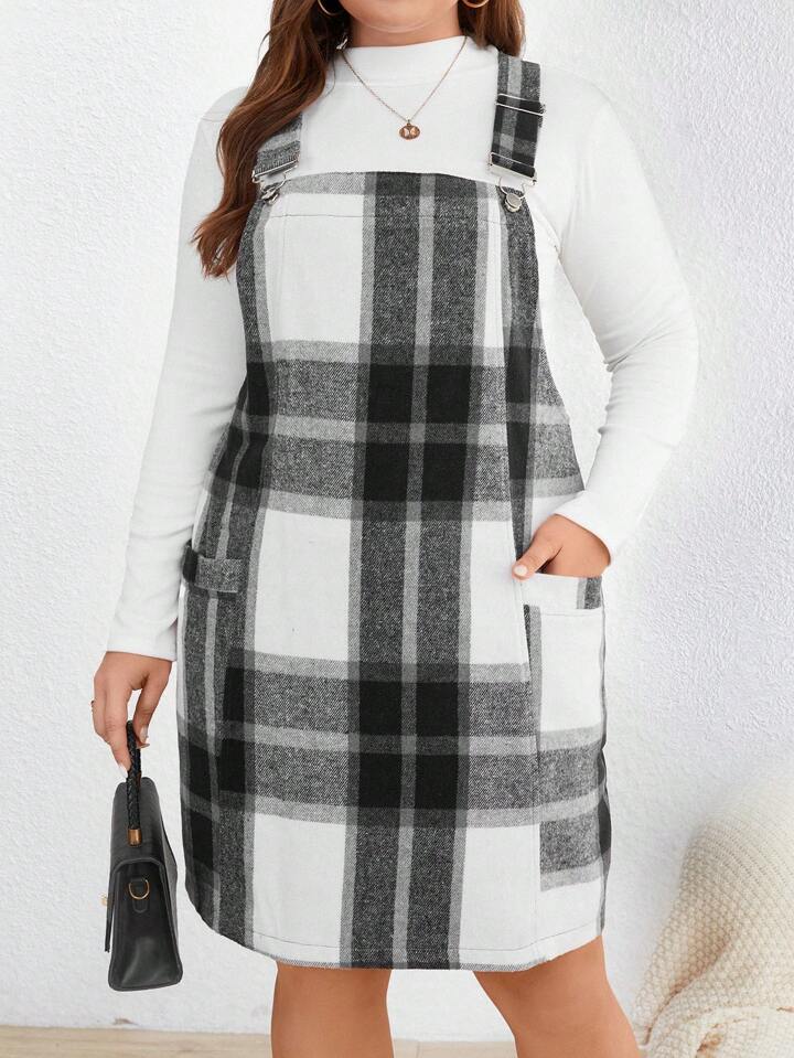 SHEIN LUNE Plus Plaid Print Pocket Patched Overall Dress Without Tee