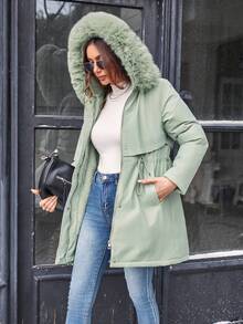 SHEIN Essnce Casual Solid Color Drawstring Waist Fur Collar Hooded Padded Padded Coat, Winter Clothes - Green - View 6
