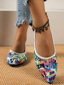 Women's Casual Pointed Toe Flat Shoes With English Letters Print, Slip-on Comfortable Loafers - Multicolor - View 2