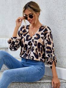 SHEIN LUNE Leopard Print Roll Tab Sleeve Blouse - Multicolor - View 5