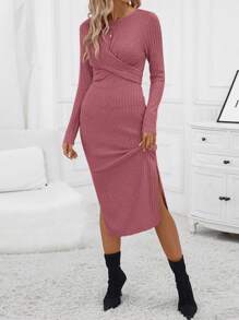 SHEIN Clasi Chất rắn Tách đùi Váy bodycon - Bụi hồng - Xem 5