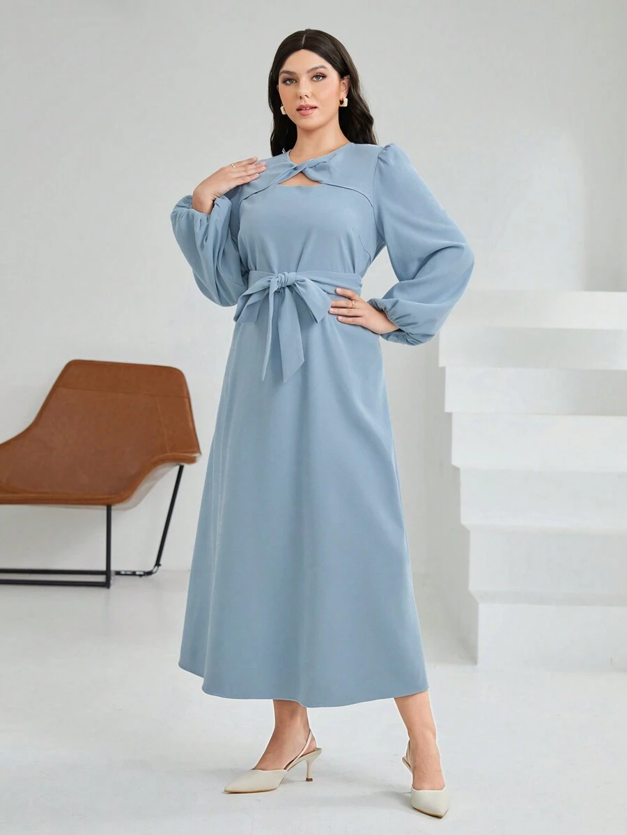 Mulvari 大碼燈籠袖鏤空繫腰帶洋裝 - 藍色 - 查看 1