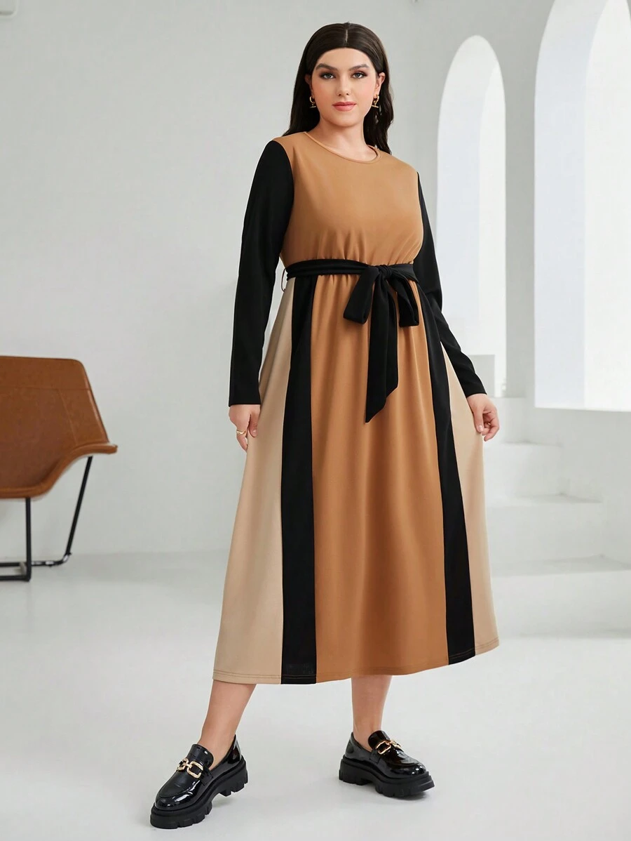 Seusyu 大尺碼女裝色塊阿拉伯風連帶腰裙裝 - 彩色 - 查看 1