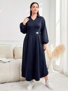 Mulvari Vestido De Mujer Con Cuello Vuelto Y Manga Farol De Talla Grande