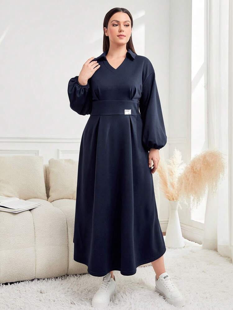 Plus Size Women's Lantern Sleeve Turn-down Collar Dress