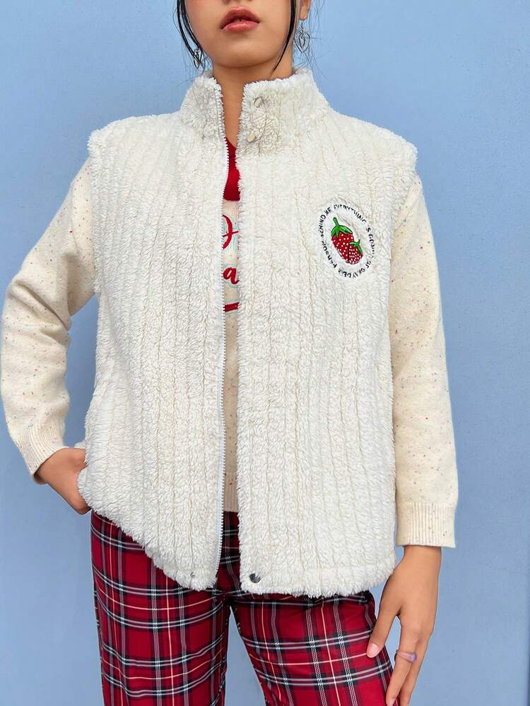 Slogan and Strawberry Embroidery Zip Up Teddy Vest Coat