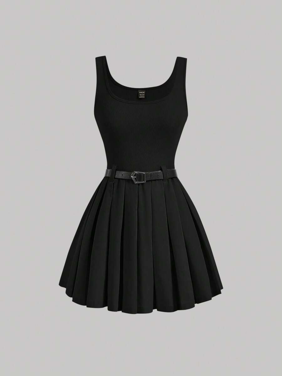SHEIN MOD Solid Pleated Hem Belted Dress - Black - View 1