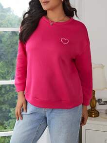 SHEIN Frenchy Hơn Thêu trái tim Thả vai Áo nỉ - Màu Hồng Tươi - Xem 5