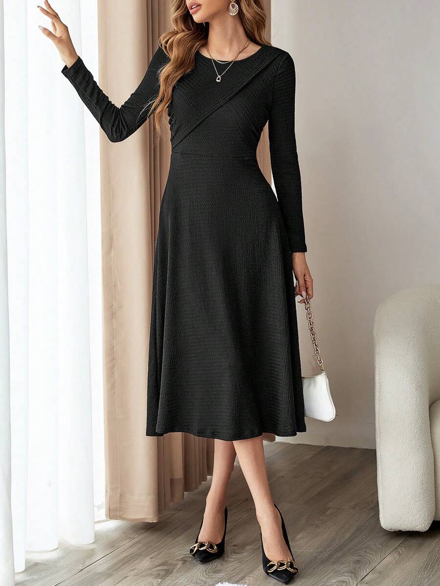 SHEIN Privé Solid A-line Dress - Black - View 1