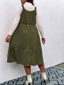 Flirla Hơn Nút phía trước Xù Hoa Sen Vải to sợi Đầm Tổng thể Không có áo len - xanh quân đội - Xem 2