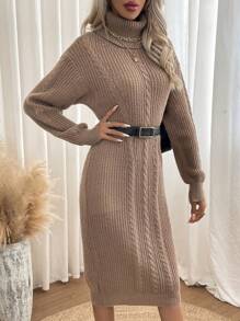 Chiquease 高領麻花編織落肩袖毛衣洋裝不附腰帶 - 卡其色 - 查看 3