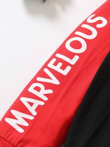 SHEIN Chàng trai trẻ Đồ họa Chữ cái Tay áo tương phản Áo Hoodie & Quần thể thao - Đỏ - Xem 5