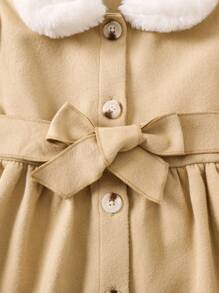 SHEIN Young Girl Borg Collar Button Front Belted Overcoat - Apricot - View 5