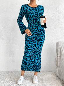 SHEIN Essnce Hoa văn Báo tay áo lá sen Đầm Áo len - Màu xanh lam - Xem 3