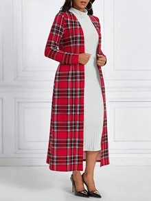 SHEIN Lady Plaid Open Front Coat & Turtleneck Dress - White - View 5