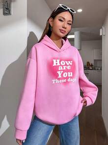 SHEIN Qutie Slogan Graphic Drop Shoulder Hoodie - Pink - View 3