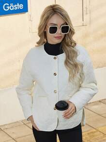 GENKIRA 女士冬装纯色单排扣休闲棉服外套 - 白色 - 查看 3