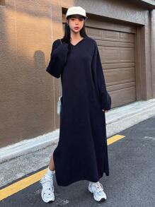Dazy Star Drop Shoulder Split Hem Hooded Sweater Dress - Navy Blue - View 5