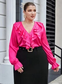 BizChic Blusa De Satén Con Manga Acampanada Y Ribete Fruncido Para Tallas Grandes - Rosa Fucsia - Ver 3