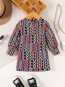 Baby Girl Allover Letter Graphic Keyhole Back Dress - Multicolor - View 1