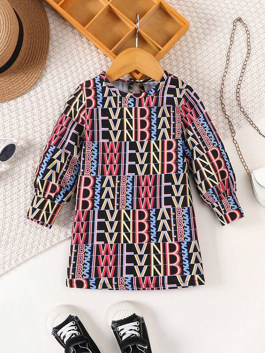 Baby Girl Allover Letter Graphic Keyhole Back Dress - Multicolor - View 1