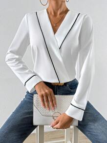 SHEIN Privé Blusa cruzada unido en contraste de cuello cruzado - Blanco - Ver 3