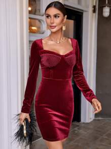 SHEIN Privé Sweetheart Neck Velvet Bodycon Dress - Burgundy - View 7