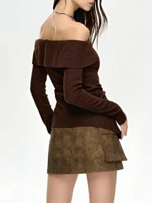 SHEIN EZwear Off Shoulder Button Front Tee - Maroon - View 2