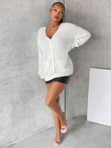 SHEIN SXY Cárdigan casual de una hilera de botones con bolsillo, de manga larga y escote caído para mujer, para otoño/invierno - Blanco - Ver 3