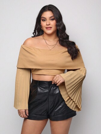 SCINTILLA Designer Plus Off Shoulder Flare Sleeve Crop Top, für Urlaub, Frühling, Ausgehen, Festival, Ibiza passt