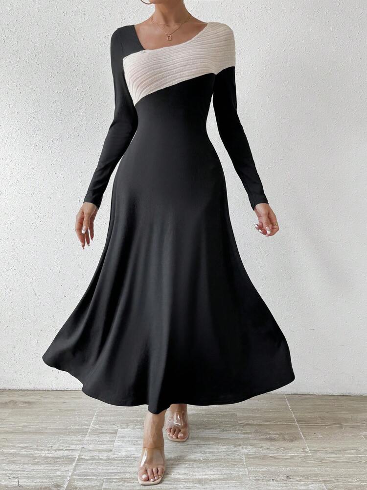 Colorblock Asymmetrical Neck A-Line Dress Fall Cloth For Women