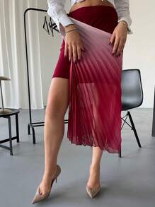 SHEIN Privé Ombre Print Pleated Skirt - Red - View 4