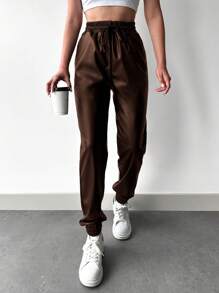 EURMUSE Ladies' Pu Leather Drawstring Waist Long Pants - Chocolate Brown - View 3