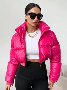EURMUSE Raglan Sleeve Zip Up Crop Puffer Coat - Pink - View 5