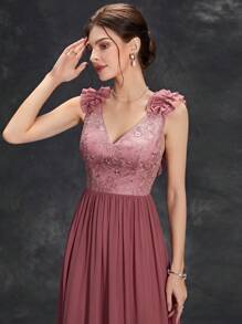 荷葉邊裝飾刺繡細節綁帶露背雪紡正式洋裝 - 粉色 - 查看 5