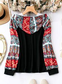 SHEIN LUNE Plus Size Contrast Floral Print Raglan Sleeve Drawstring Sweatshirt - Multicolor - View 2