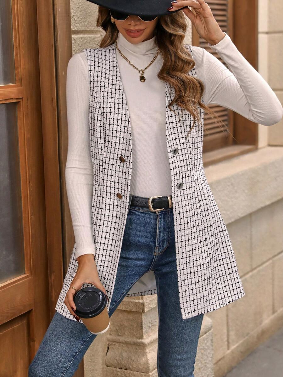 SHEIN Privé Plaid Double Breasted Vest Coat - White - View 1