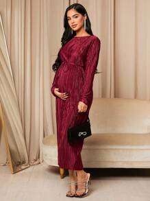 MaterniChic Maternity Solid Belted Dress With Long Sleeve