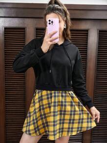 SHEIN EZwear 下垂肩對比格子襬邊2合1連帽裙